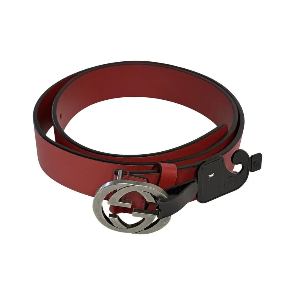 Gucci Interlocking G Red Leather Belt Silver Buckle Size 95/38 NWT Authentic